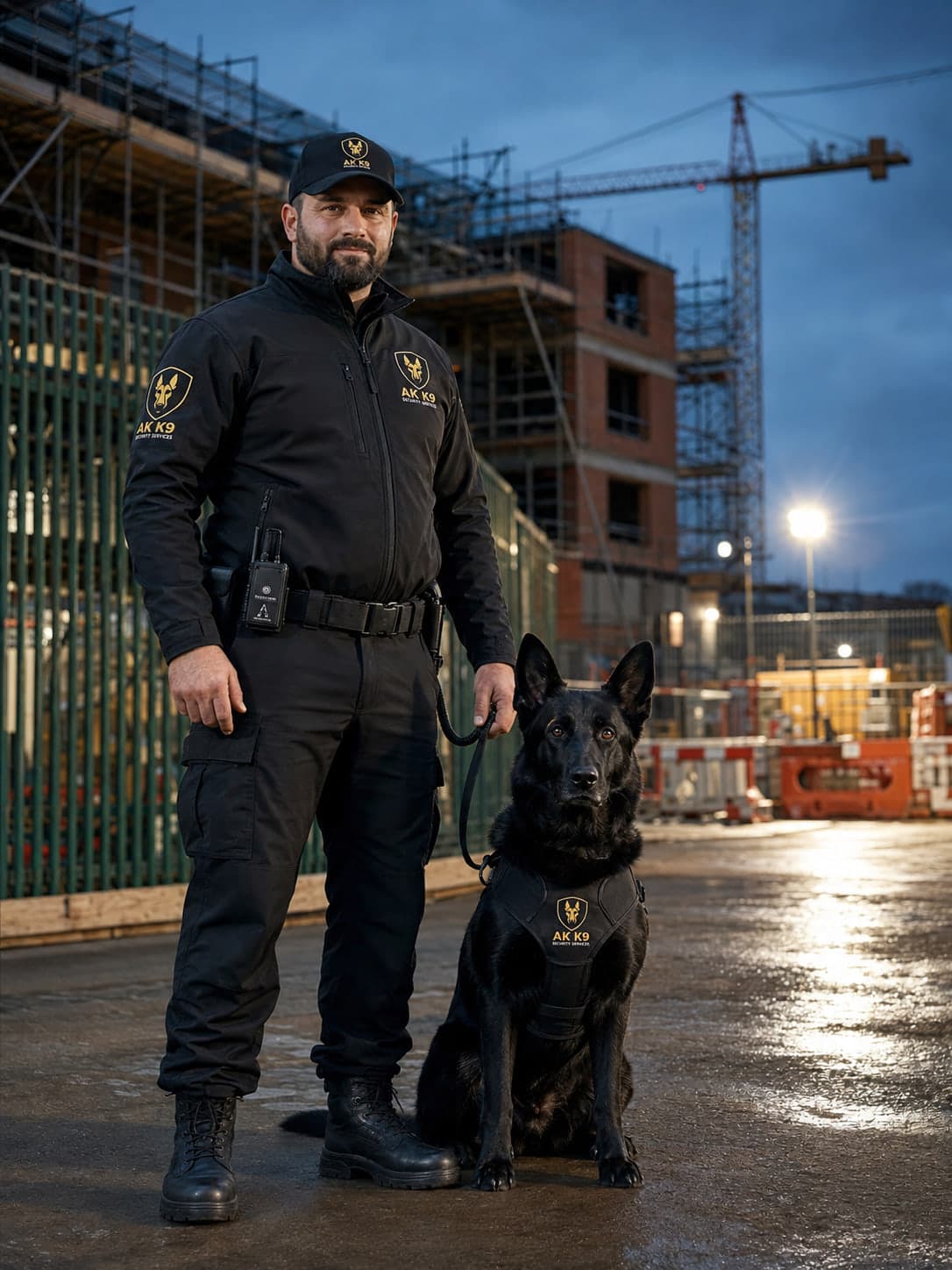 AK K9 Security Services handler in black uniform with a security dog on a lead at dusk, on a construction site with palisade fencing, scaffolding and a tower crane behind