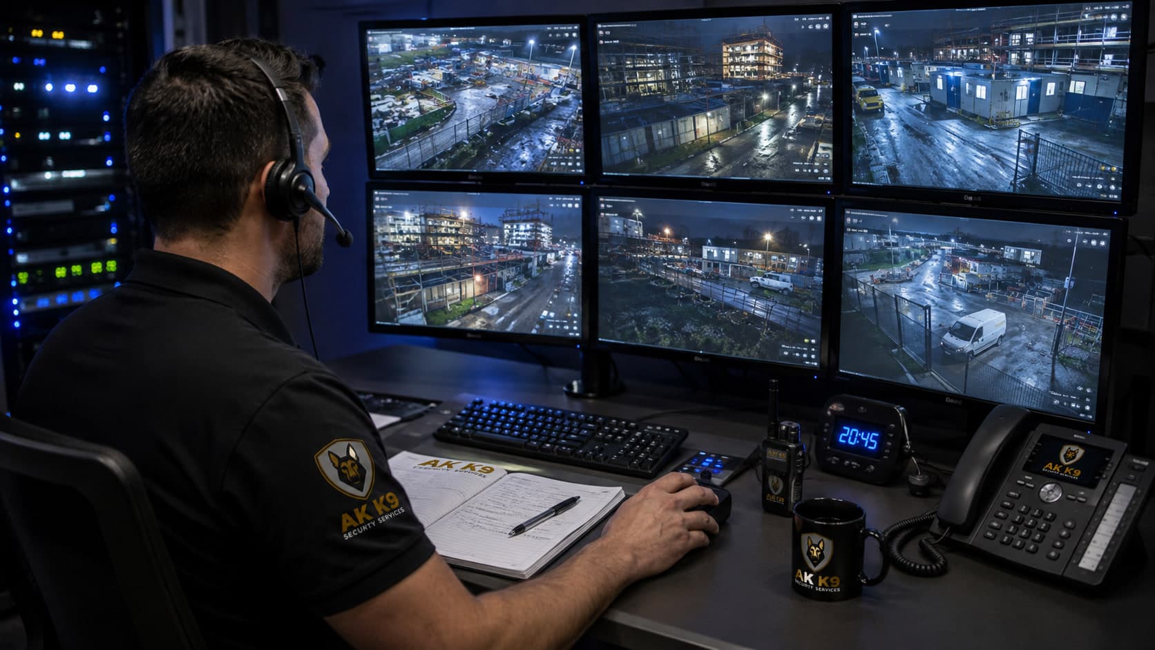 AK K9 Security Services CCTV operative wearing a headset in a control room, monitoring six screens showing night-time views of construction sites and industrial yards