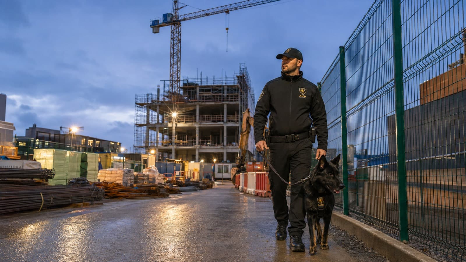AK K9 Security Services handler walking a black German Shepherd along the inside of the perimeter fence on a construction site at dusk, tower crane and part-built concrete frame behind