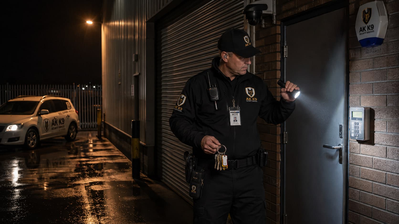 AK K9 Security Services officer attending an alarm activation at night, checking a commercial unit door with a torch and holding a bunch of coded keys, marked response vehicle behind